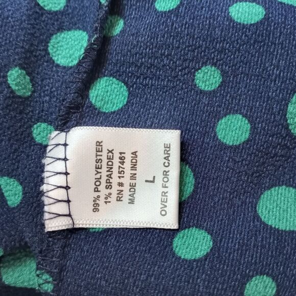 Cathy Womens Size L Blue Green Polka Dot Zippered Blouse Roll Tab Sleeve Pockets - Picture 4 of 5